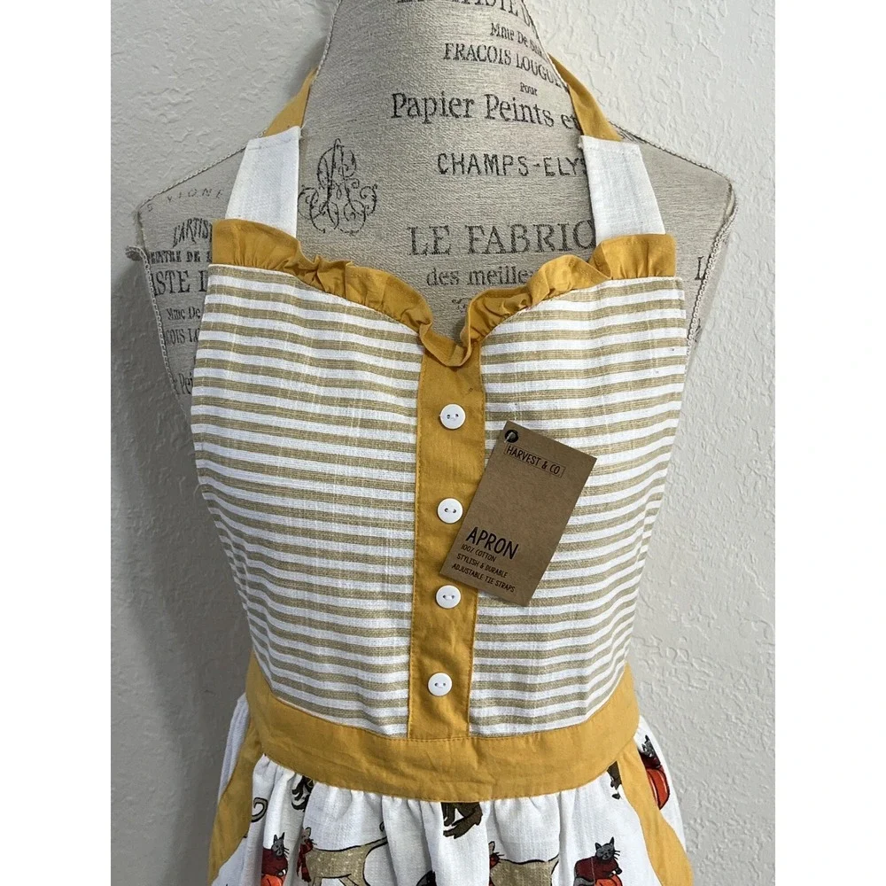 Harvest & Co Cat Pumpkin Fall Apron NWT Mustard Stripe Cotton Ruffle Pockets